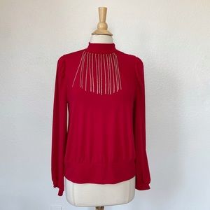 Red Long Sleeve Rhinestone Fringe Mock Neck Blouse